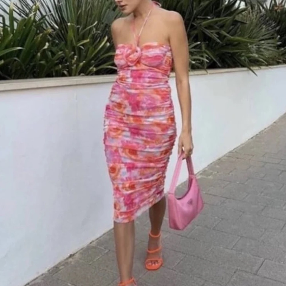 ZARA PRINTED TULLE DRESS Pink and Orange Ruched Halter Dress
